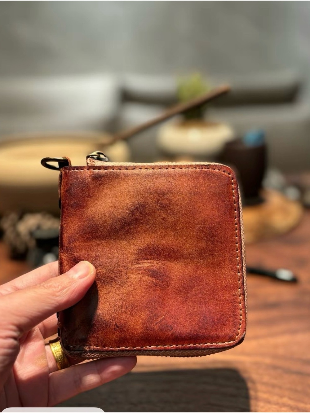 Vintage Japanese Brown Leather Zip Wallet - Minimalist Women's Wallet